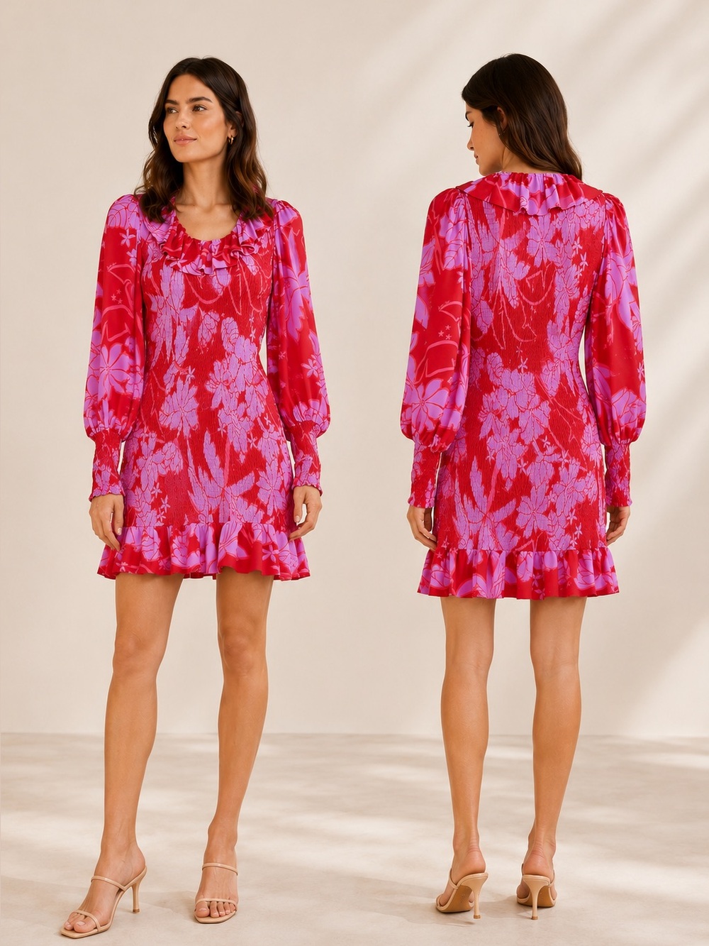 Farm Rio Living Nature Red Purple Floral Long Sleeve Dress Size Small NWT